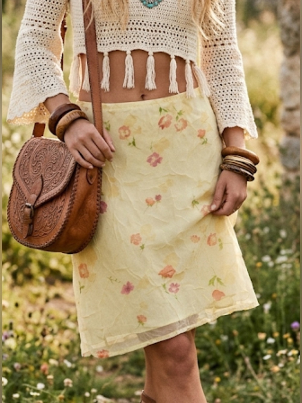 Vintage Yellow Floral  Skirt small